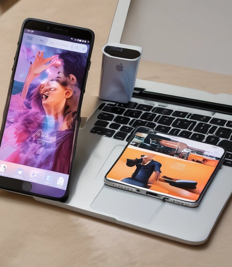 Stylish electronic gadgets displayed on a sleek black surface with red highlights