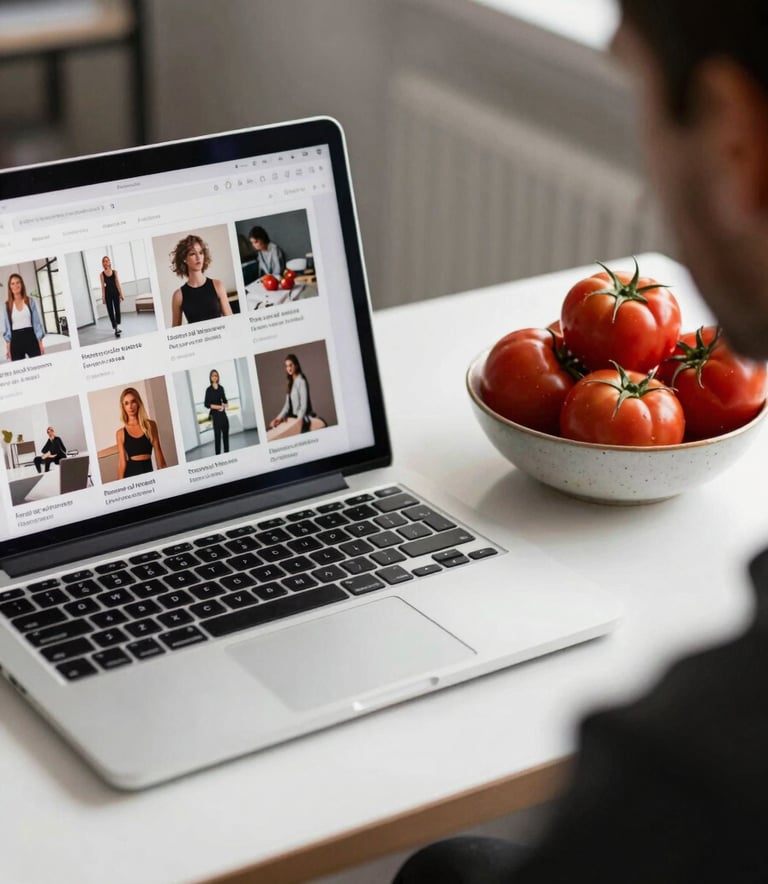 A behind-the-scenes photography shot showing a workspace with a laptop displaying social media grids next to a bowl of deep ripe crimson tomatoes in a Northern European / Scandinavian design studio.