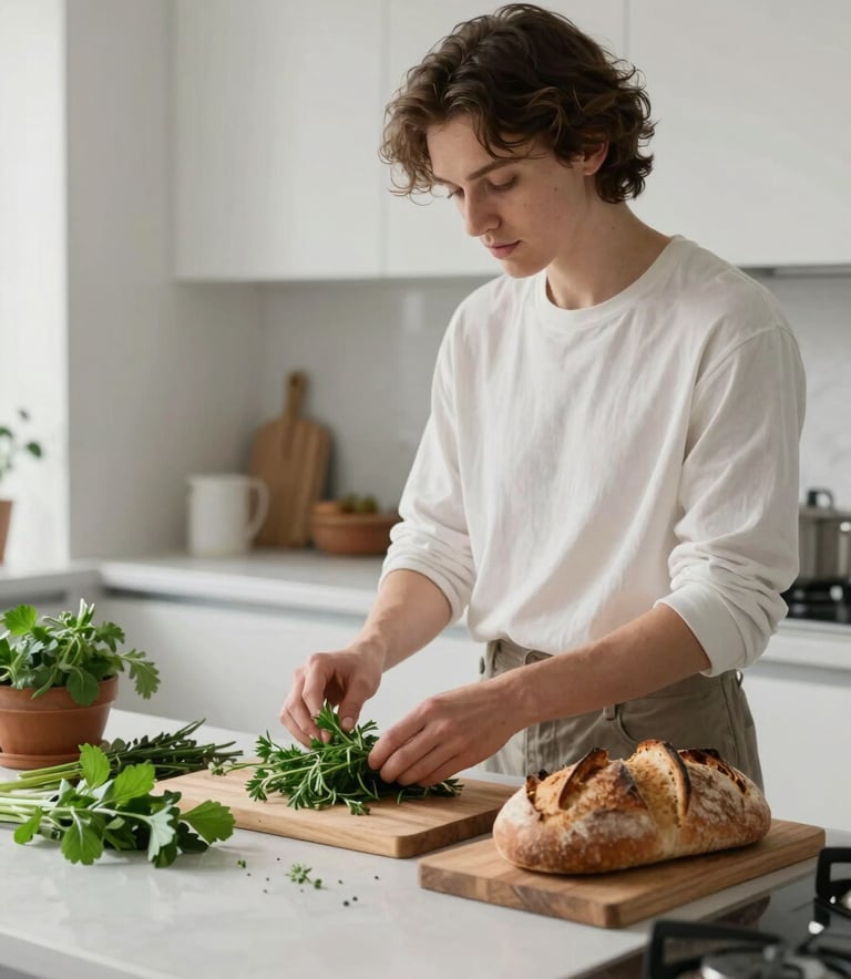 A content creator in a stylish, minimalist Northern European / Scandinavian kitchen, arranging fresh herbs and sourdough bread under soft, natural side lighting for a social media photoshoot.
