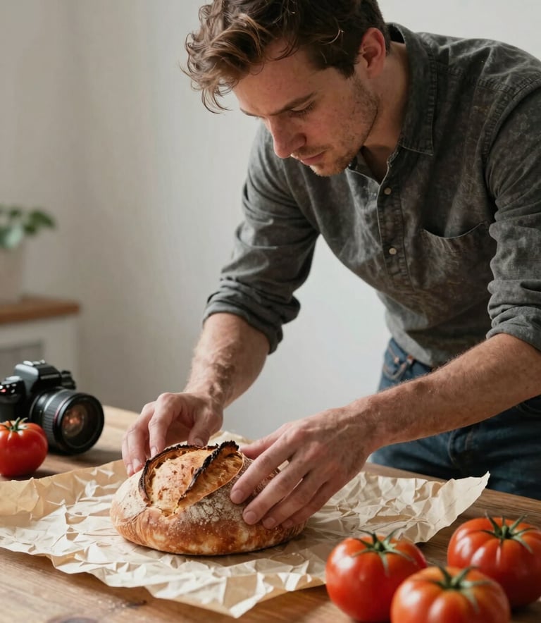 A professional photographer in a Northern European studio setting, meticulously arranging a still life of fresh produce and rustic sourdough. The lighting is soft and natural, emphasizing textures of parchment and deep ripe crimson tomatoes, evoking an artisanal yet polished mood.