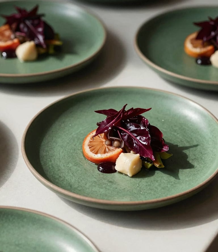 A close-up, high-angle photograph of an artisanal chef plating a vibrant dish in a sunlit Northern European kitchen. The scene features deep ripe crimson accents from fresh ingredients and matte forest green ceramic plates, captured in a clean, professional lifestyle photography style.