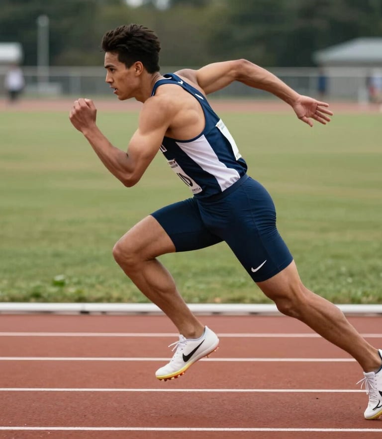 A cinematic profile shot of a male athlete in mid-sprint on a professional track, natural lighting, featuring deep blue and white apparel, North American setting.