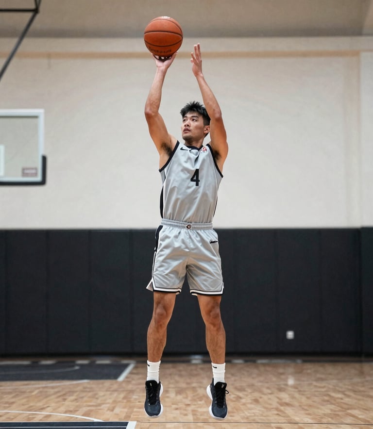 A sharp, high-end photograph of a male athlete in the middle of a basketball shooting motion, captured in a state-of-the-art North American indoor court. The style is clean and professional with a focus on form and precision, utilizing a palette of silver, white, and charcoal.