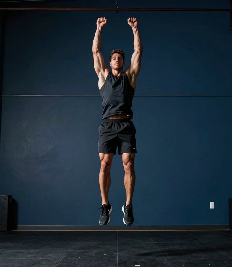 A high-action photograph of a male athlete performing an explosive vertical jump in a minimalist, modern North American training facility. The lighting is crisp and professional, highlighting muscle definition and athletic form. The color palette features deep blue and charcoal tones in the background, creating a premium and focused atmosphere.