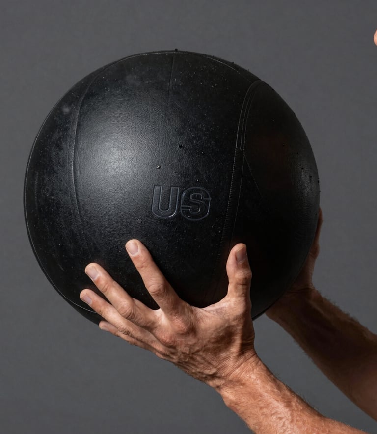 A detailed macro shot of a male athlete's hand holding a heavy medicine ball, professional studio lighting, charcoal background, premium sports aesthetic, North American / US style.