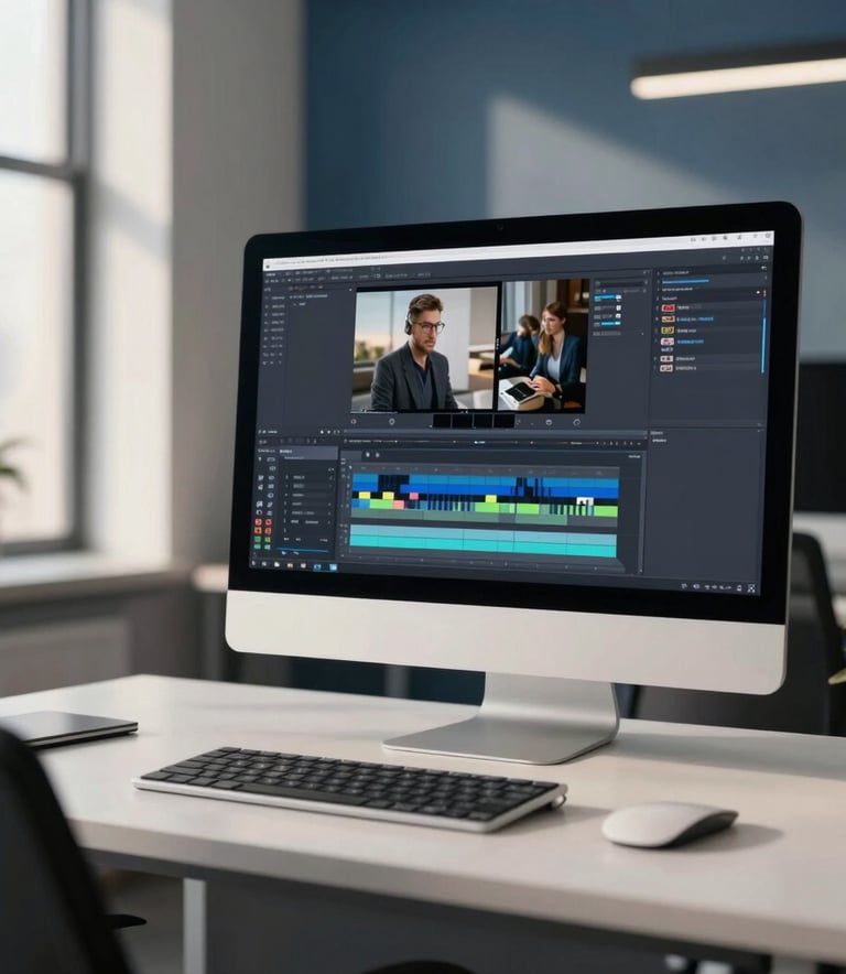 A sleek, modern North American office interior with soft morning light. A professional workspace featuring a high-end computer monitor displaying a sophisticated video editing interface. The room is decorated in dark blue and off-white tones, reflecting an innovative and trustworthy brand mood.