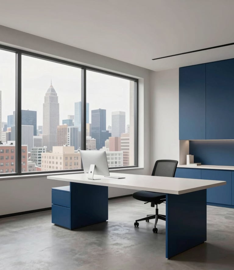 A wide shot of a minimalist creative studio located in a North American metropolitan area. Large windows reveal a city skyline. The interior is professional and sophisticated, featuring medium blue and off-white design elements.