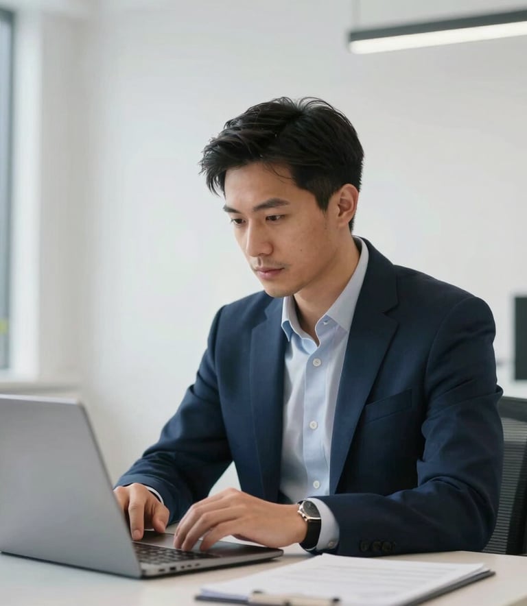 A focused North American entrepreneur in a sharp navy blazer working in a bright, modern minimalist office space. The composition is a medium shot, highlighting a look of confident expertise and business acumen.