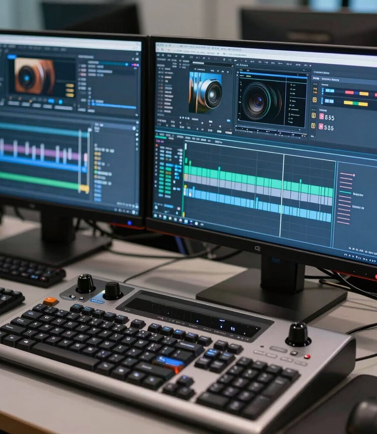 A close-up of a professional editing suite in a North American agency, featuring dual monitors, high-quality audio equipment, and a sophisticated color palette of deep blues and silvers.