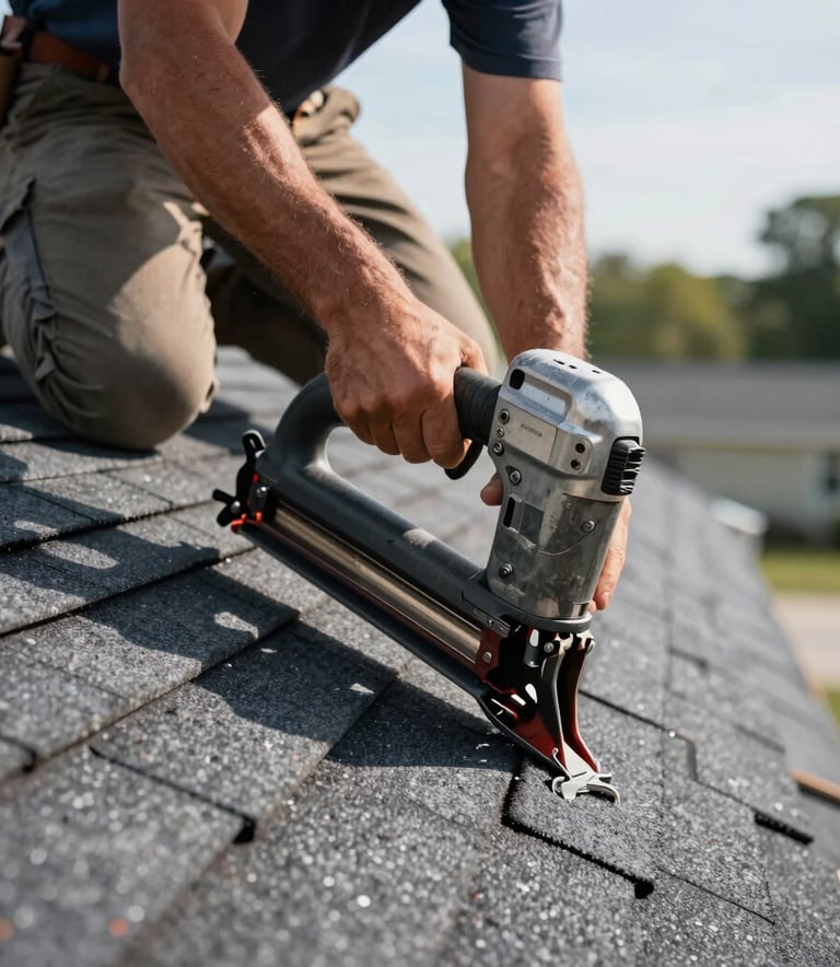 A close-up of a skilled contractor in North American / US installing charcoal architectural shingles on a sloped roof using a nail gun in bright daylight.