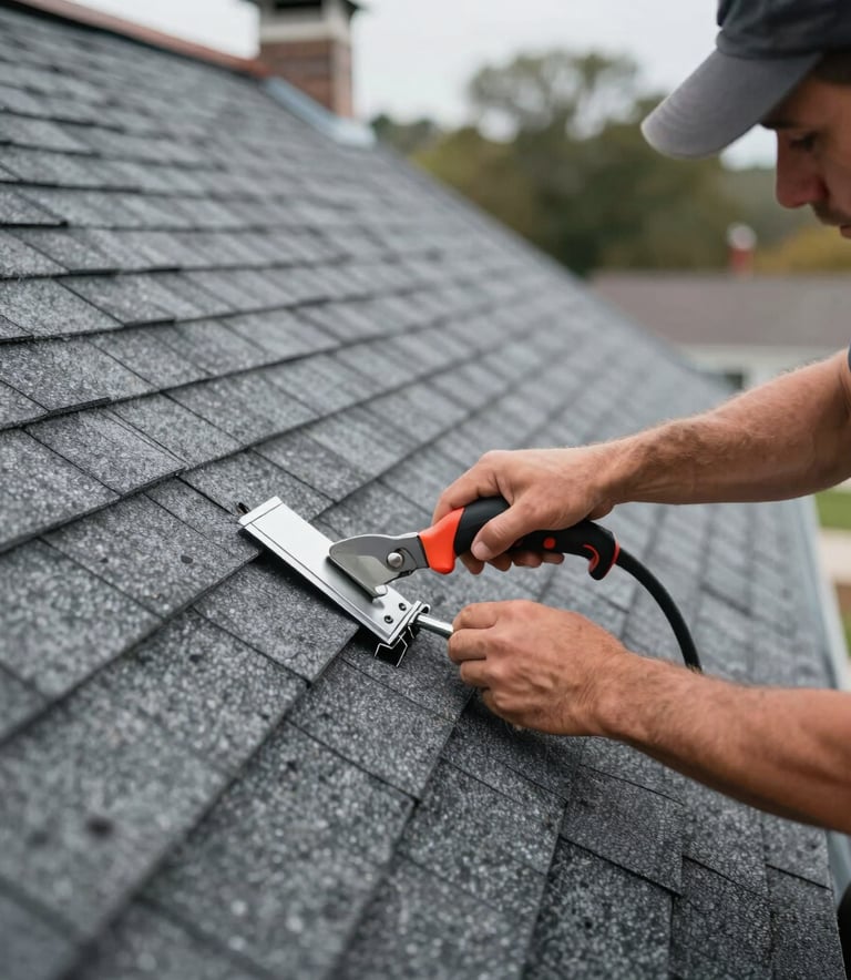 A detailed close-up of a roofing professional installing new flashing around a chimney on a steep residential roof. North American setting, high-quality gray shingles, professional tools, crisp focus, soft natural lighting.