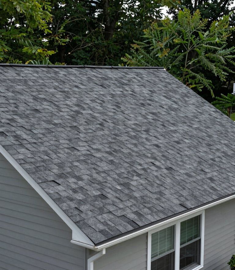 A clean residential home in New Jersey with a newly installed dark gray shingle roof, surrounded by green trees, professional photography style.