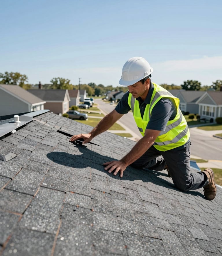 A professional roofing contractor wearing a safety vest and a hard hat, inspecting a residential asphalt shingle roof in a North American suburban neighborhood. Bright daylight, clear blue sky, sharp focus on the texture of shingles.