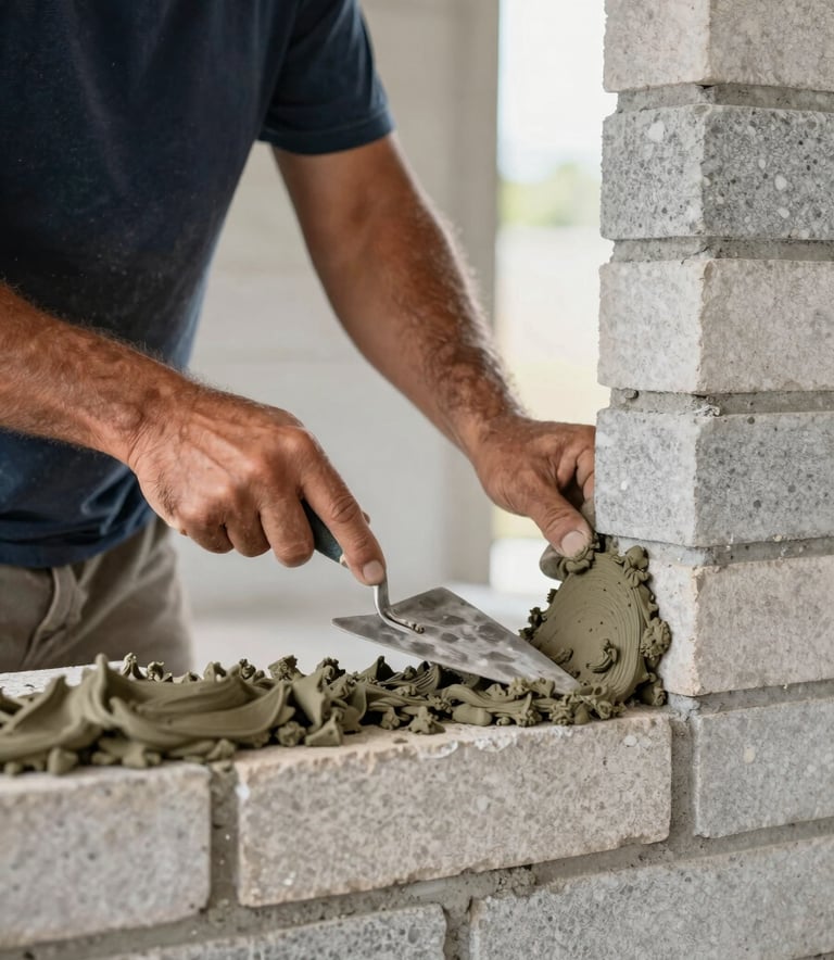 A close-up photograph of a skilled mason's hands using a trowel to apply mortar to a brick wall in a Brazilian residential project. Professional, clean, and organized workspace. Soft daylight. Colors include dark slate and light stone grey.