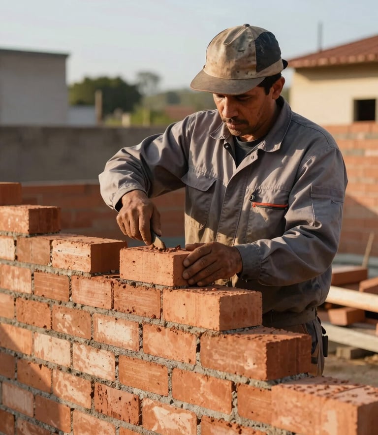 A skilled mason in a grey work uniform laying bricks on a wall with high precision, outdoor construction setting in the Sul Americano / Brasileiro region, morning sunlight, clean and professional atmosphere.