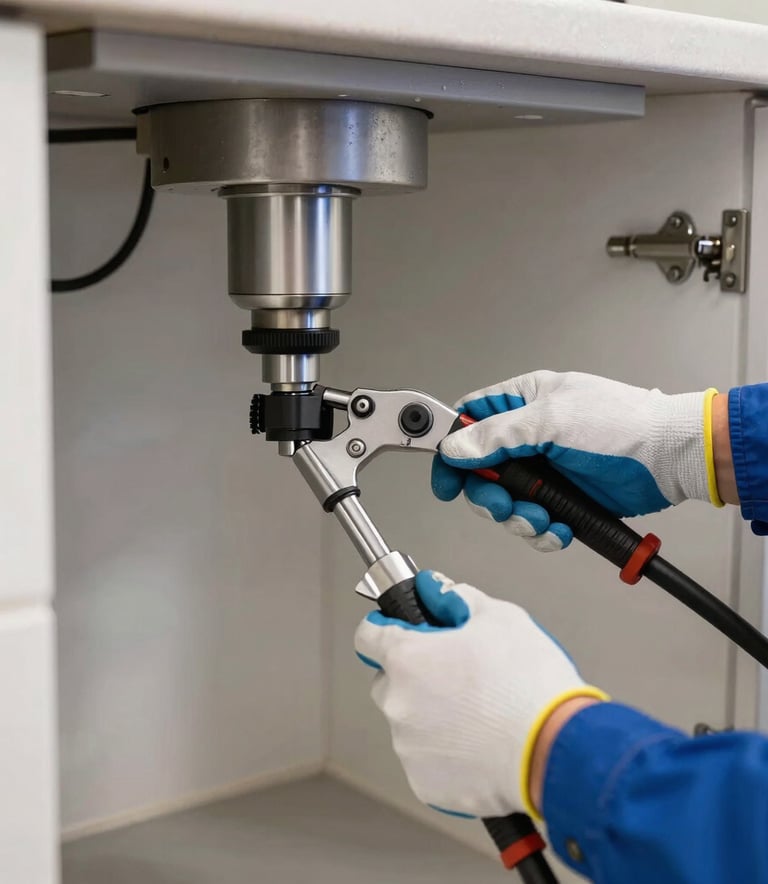 A detailed photograph of a professional plumber's gloved hands using high-tech drain cleaning equipment in a modern North American / US kitchen, focus on the specialized tools and blue uniform sleeve, bright and professional lighting.