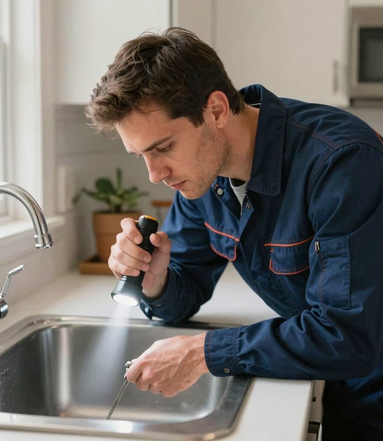 A professional North American plumber in a dark blue uniform inspecting a kitchen sink with a flashlight, North American / US residential setting, bright daylight, professional photography emphasizing trust and efficiency.