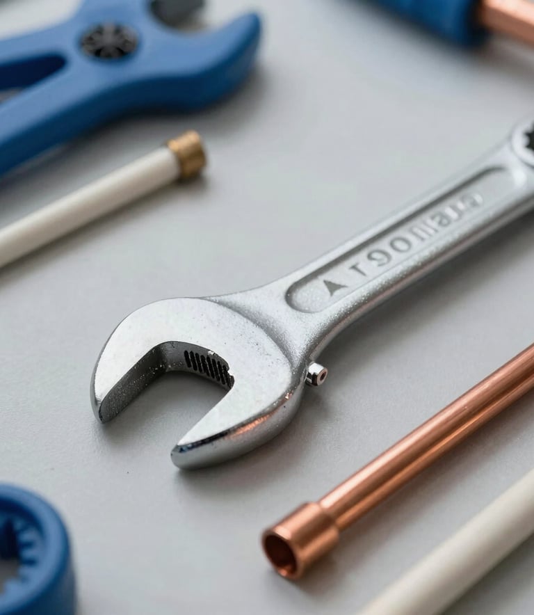 Close-up detail shot of professional plumbing tools including a wrench and copper pipes on a light gray surface, professional lighting with mid blue and off white tones, North American / US workshop setting.