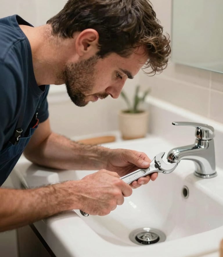 A professional photograph of a North American / US plumber working efficiently under a clean bathroom sink, focused expression, using a silver wrench, soft indoor lighting, showcasing expertise and modern tools in a clean environment.