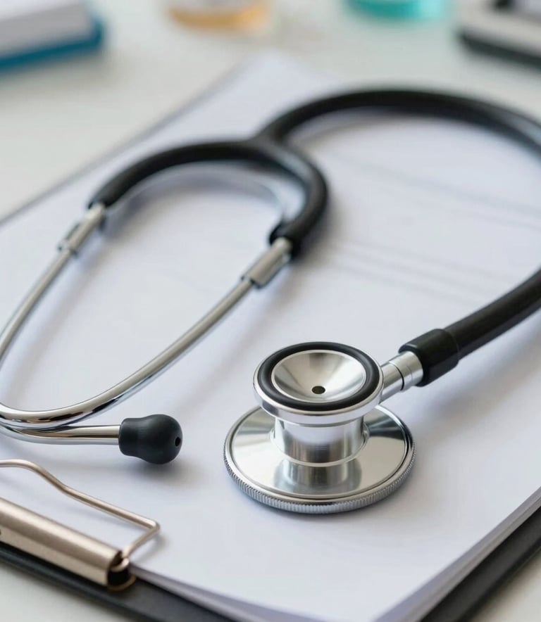 A close-up of a stethoscope and a medical clipboard on a desk in a South American clinic, representing reliability, clinical excellence, and organized healthcare services.
