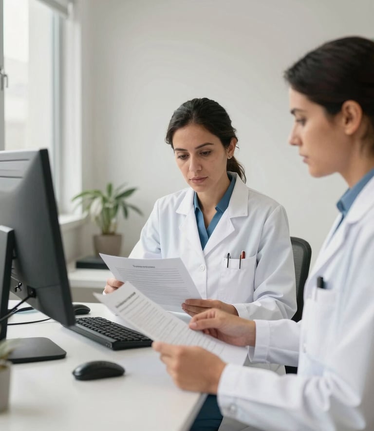 A clean, modern medical office in Bucaramanga, South American style, with professional staff in white coats reviewing documents, bright natural light, warm and professional atmosphere.