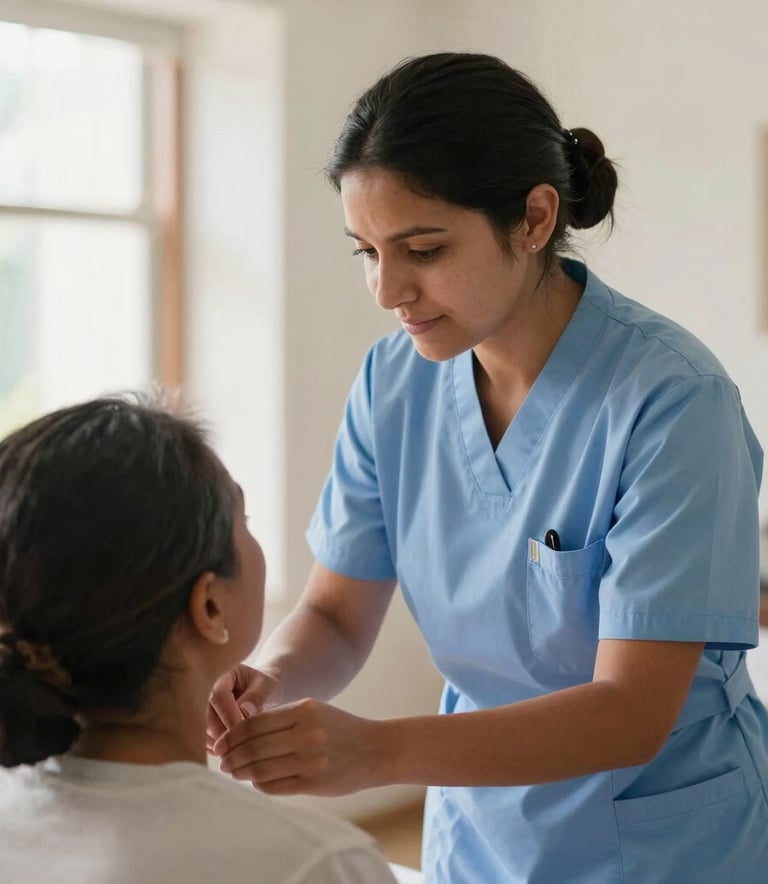A South American nurse providing gentle care to a patient in a bright, home-like setting, natural light, conveying warmth and professionalism, soft blue and white colors.