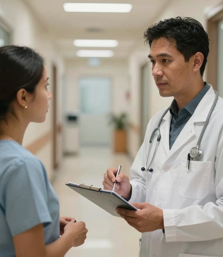 A professional medical consultant in a clean white coat discussing care plans with a colleague in a modern clinic corridor in Bucaramanga, Colombia, warm and trustworthy atmosphere, professional lighting.