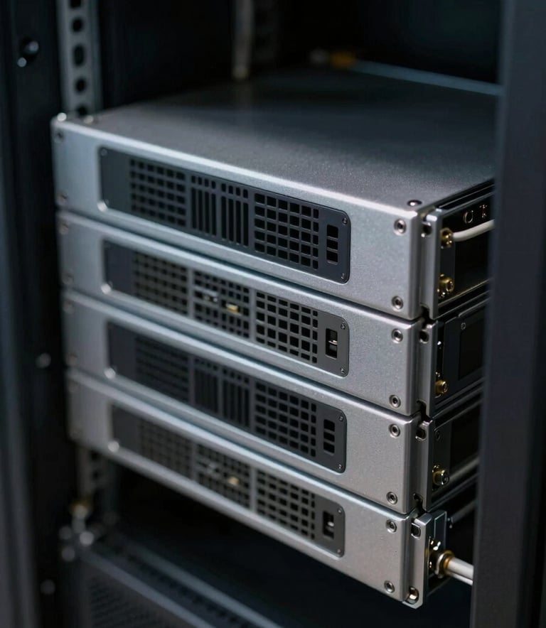 A detailed close-up of sophisticated server hardware in a professional data center. The lighting is low and focused, highlighting muted silver metal surfaces against dark charcoal backgrounds, conveying reliability and expertise.