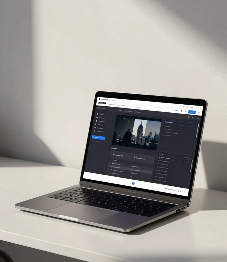 A minimalist, professional workspace featuring a high-end laptop on a clean desk. The screen shows a modern web development interface. The background is a soft off-white with deep slate shadows, emphasizing a clean and authoritative contractor aesthetic.