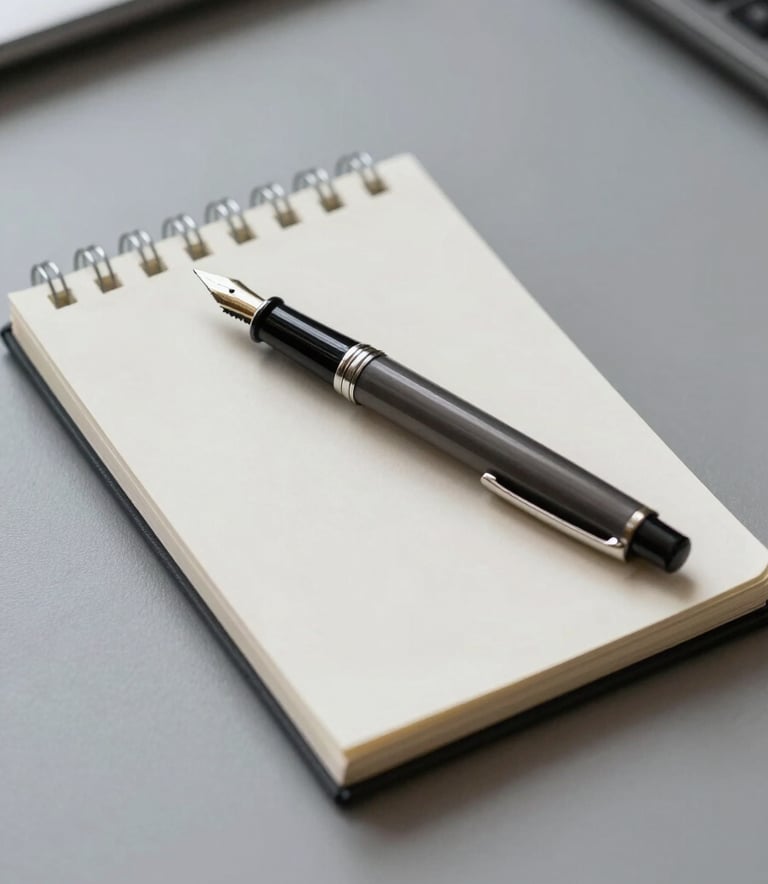 A professional desk setup featuring a bone white notepad and a deep charcoal fountain pen. The composition is clean and minimalist, with soft shadow grey tones in the background, representing meticulous planning and professional marketing strategy.