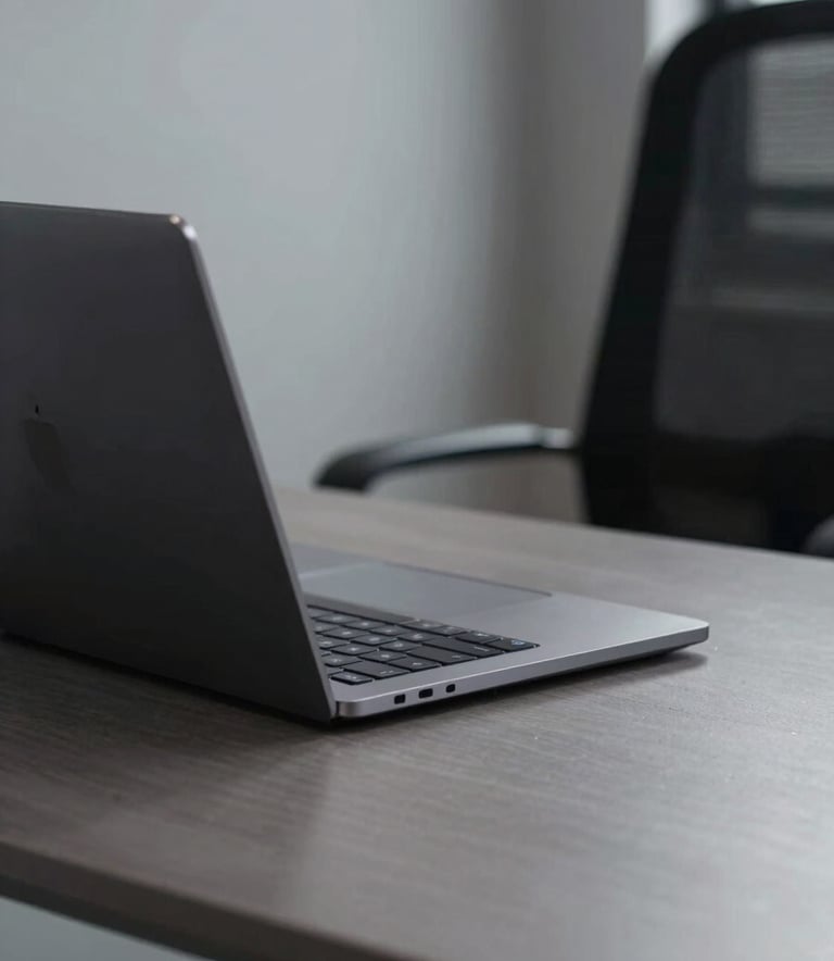 A close-up photograph of a sleek, dark charcoal laptop sitting on a polished shadow grey desk in a minimalist corporate office. The lighting is sharp and directional, highlighting the clean lines and authoritative atmosphere of a modern tech hub.