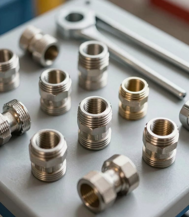 A close-up photograph of high-quality stainless steel plumbing tools and polished pipe fittings neatly arranged on a Mist Grey surface. The lighting is bright and professional, suggesting an efficient work environment in a Northern European / German / Hamburg residential setting. The style is modern and sharp.