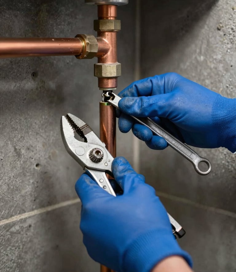 A close-up photograph of a professional plumber's hands wearing blue gloves, expertly repairing a copper water pipe in a clean Northern European / German / Hamburg basement. Modern tools like a pipe cutter and wrench are visible nearby. The lighting is crisp and professional, with a color palette featuring dark slate and steel blue.