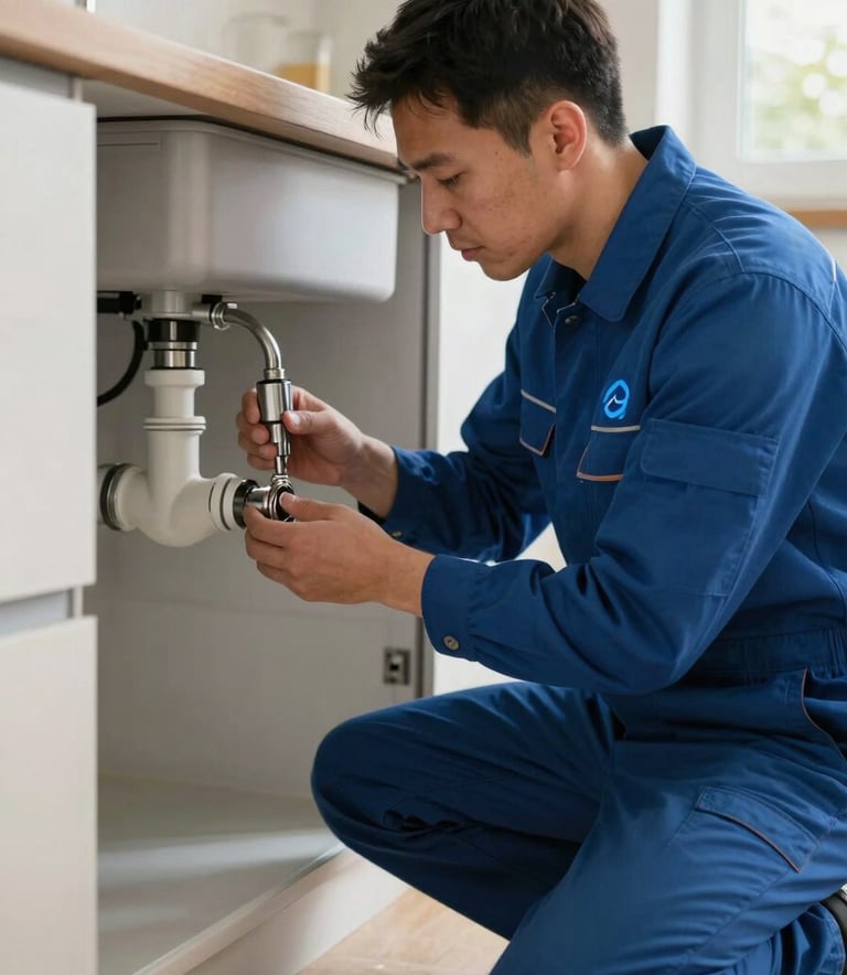 A professional technician wearing a Deep Sea Blue work uniform with a subtle Steel Blue logo, skillfully repairing a pipe under a modern kitchen sink. The setting is a clean, contemporary Northern European / German / Hamburg apartment with soft, natural morning light.