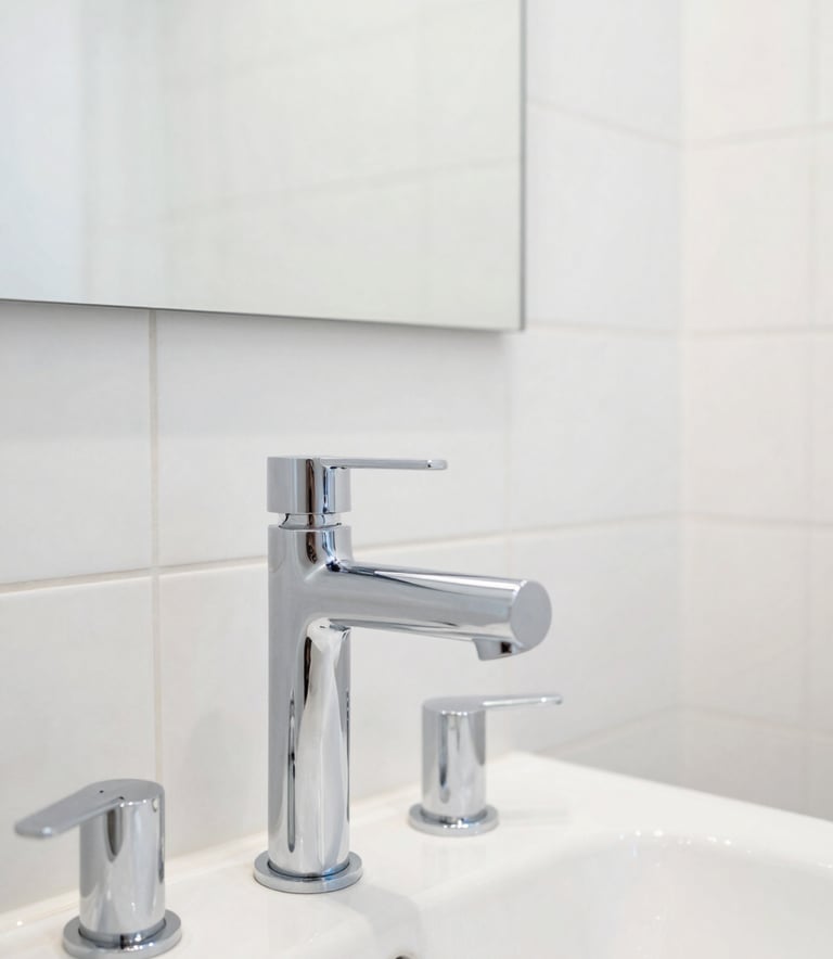 A high-end, modern bathroom in a Northern European / German / Hamburg residence featuring minimalist chrome fixtures and pristine white tiling. The photography focuses on the quality of the installation and clean lines. Bright, airy atmosphere with steel blue accents.