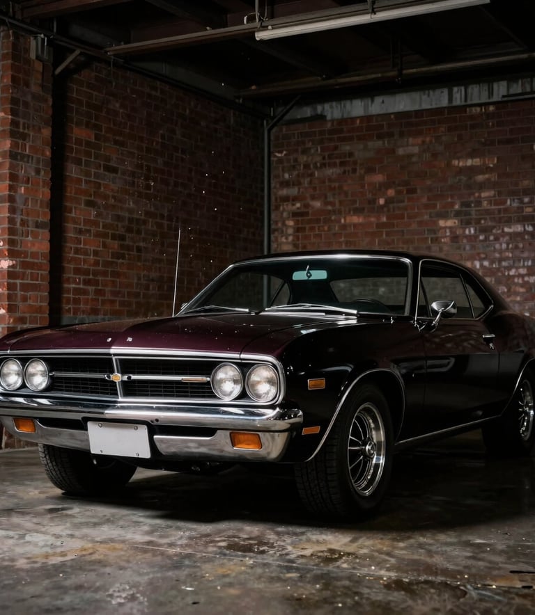 A premium professional photograph of a classic 1970s black Detroit muscle car parked inside a gritty, dimly-lit brick garage. Dramatic low-key lighting highlights the polished silver chrome bumper and deep burgundy undertones of the metallic body paint. Dust motes float in the air, creating a nostalgic and masculine atmosphere. Photographed in Detroit, US.
