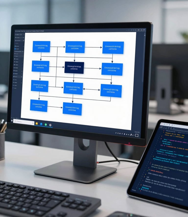 A close-up shot of a professional workstation in a modern office. A high-resolution monitor displays a complex process flow diagram with royal blue and navy accents. Beside it, a tablet shows lines of code. The lighting is clean and sophisticated, featuring soft blue tones.