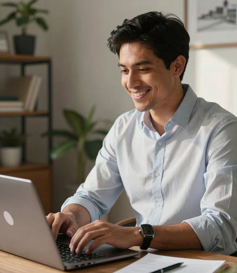 A professional Peruvian man in his late 30s, wearing a smart casual shirt, working from a modern and cozy home office in Lima, natural light streaming in, smiling while looking at a laptop.