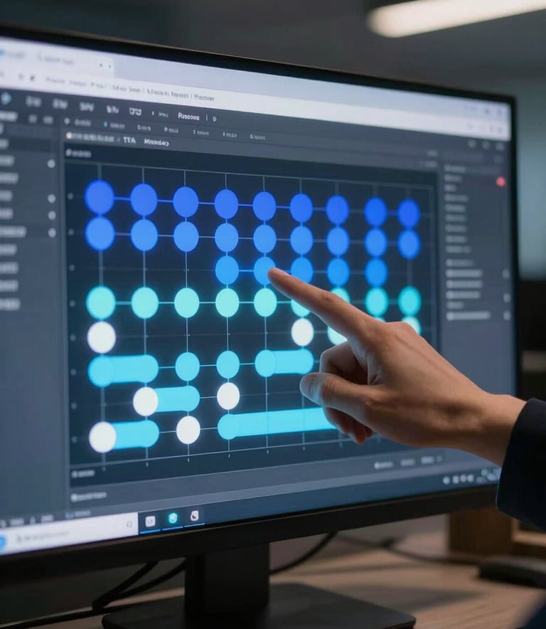 A close-up photograph of a modern computer screen in a dimly lit office, showing a complex workflow diagram with glowing nodes in royal blue and pale cerulean, a professional hand pointing towards the screen.