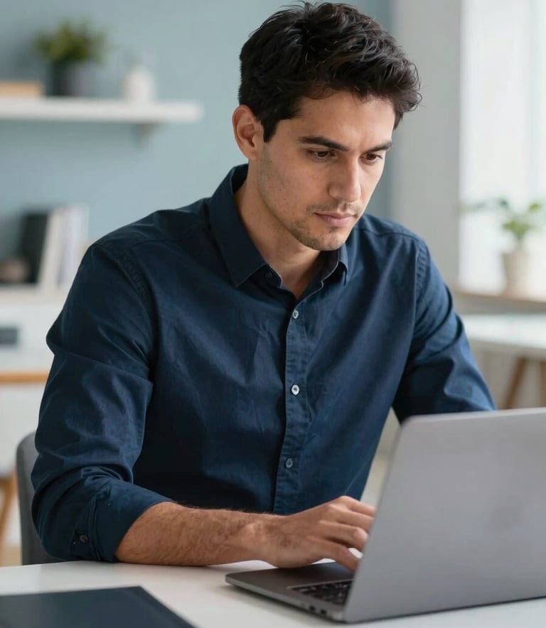 A professional Peruvian man in his late 30s, dressed in a smart-casual navy shirt, working on a sleek laptop in a bright, modern home office. He looks focused and empowered. The background is slightly blurred with soft blue and white decor.