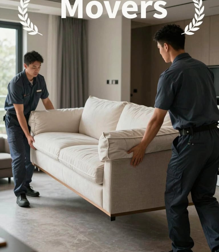Movers wearing dark slate blue uniforms carefully carrying a large sofa protected by padded blankets into a modern home, focus on careful handling and professional technique.