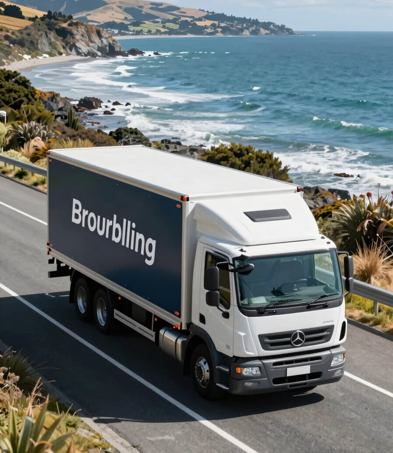 A high-angle photograph of a modern moving truck, painted in dark slate blue and ice white, driving along a scenic New Zealand coastal road. The atmosphere is bright and trustworthy, suggesting a seamless nationwide service. The composition is clean and professional.