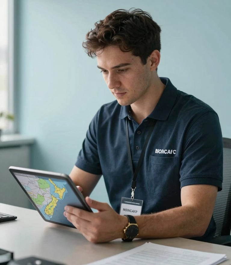 A professional moving coordinator in a clean office with pale blue walls, looking at a map of New Zealand on a digital tablet, soft morning light, professional photography.