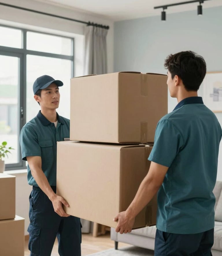 A medium shot of professional movers wearing muted teal uniforms, carefully carrying a heavy cardboard box into a modern, brightly lit home. The scene is clean and organized, reflecting efficiency and expert care. The lighting is natural and crisp, with accents of light grey blue in the home's decor.