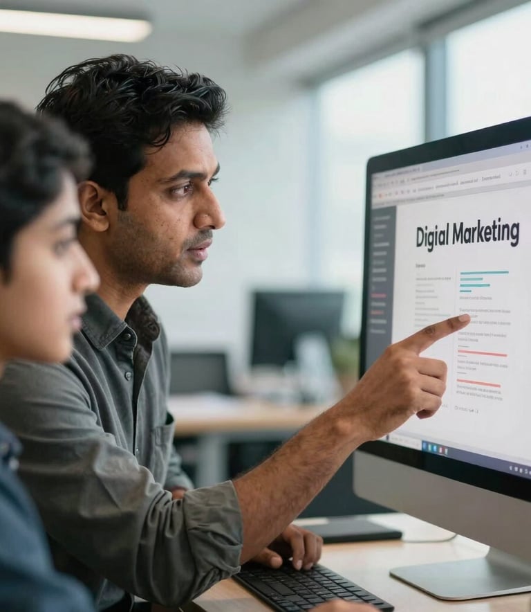 A close-up of a professional South Asian mentor in business casual attire, pointing at a computer screen and explaining digital marketing strategies to a young adult. The setting is a modern, bright office in Pakistan with soft natural light and steel blue accents.