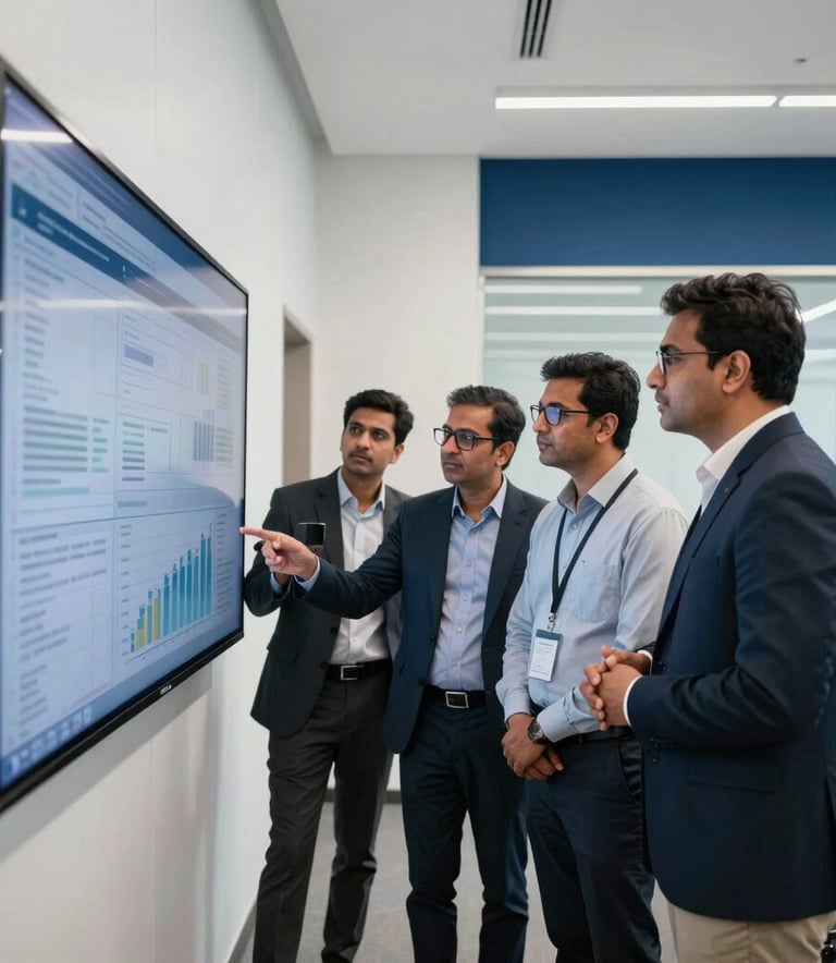 A professional group of South Asian individuals working together in a sleek, modern office. They are discussing data on a large screen in a room with clean white walls and navy blue accents, reflecting a high-tech atmosphere in Pakistan.