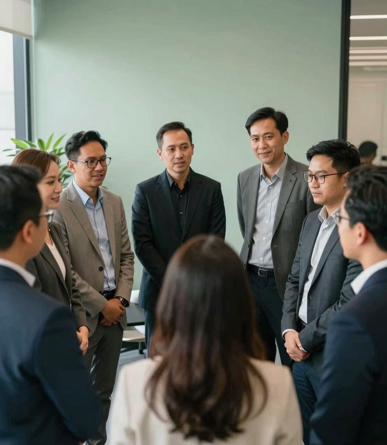 A group of diverse professionals in a modern Southeast Asian / Indonesian office environment, standing together in a collaborative circle, soft sage green walls, professional attire, soft natural lighting, high-quality photography.