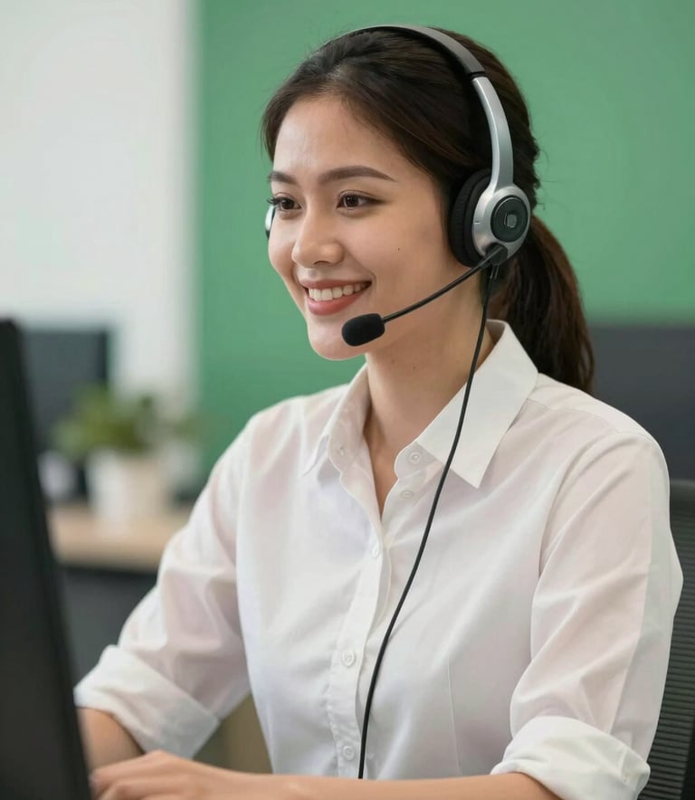 A professional customer service representative in a Southeast Asian / Indonesian office setting, smiling warmly while wearing a modern headset, blurred background with emerald green and off-white accents, bright and friendly atmosphere.