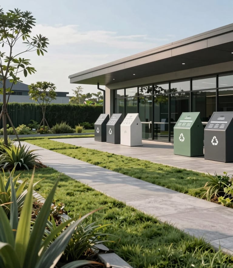 A clean, landscaped area around a modern Indonesian recycling center, featuring sage green vegetation and a clear sky, reflecting a professional and eco-conscious atmosphere.