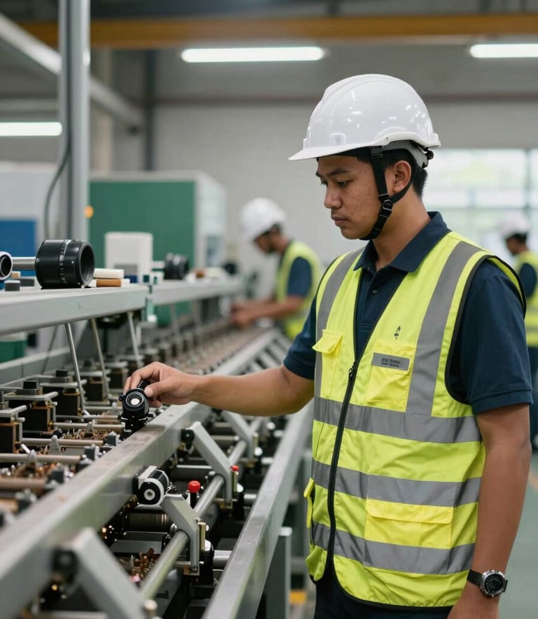 Professional in safety gear standing before a clean, organized recycling processing line in a Southeast Asian / Indonesian industrial plant, natural lighting, eco-conscious mood.